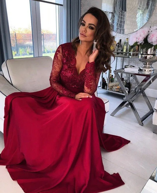 Long Sleeve Appliques Prom Dress, A Line Prom Dresses, Split Slit Evening Dress T825