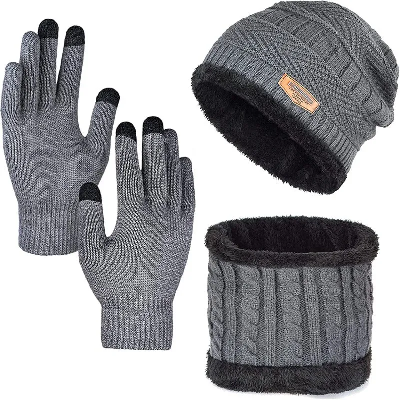 Men's Winter Warmer Beanie Hat, Scarf and Touch Screen Gloves with Fleece Lining