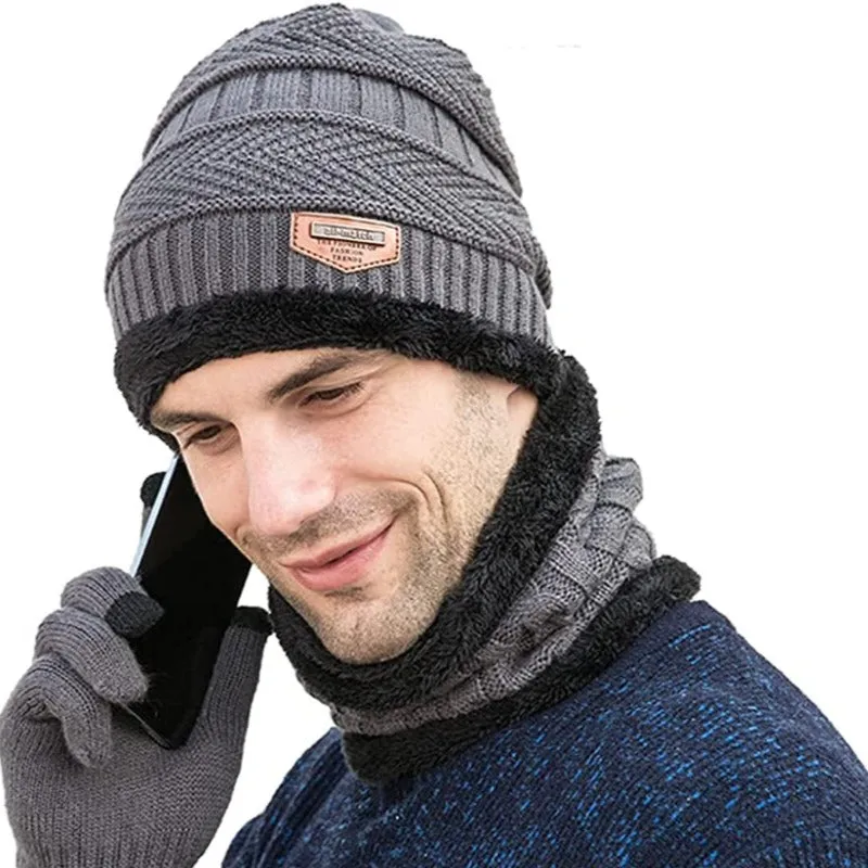 Men's Winter Warmer Beanie Hat, Scarf and Touch Screen Gloves with Fleece Lining