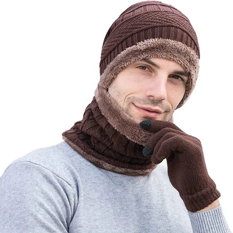 Men's Winter Warmer Beanie Hat, Scarf and Touch Screen Gloves with Fleece Lining