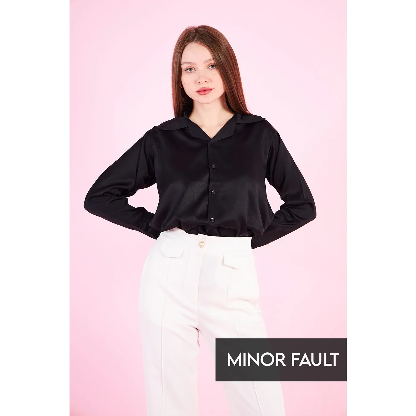 (Minor Fault) Black Cuban Collar Satin Shirt