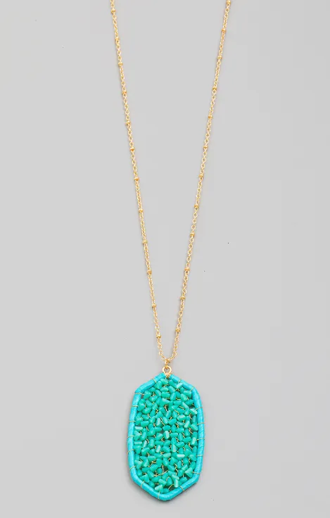 Oval Beaded Pendant Long Necklace