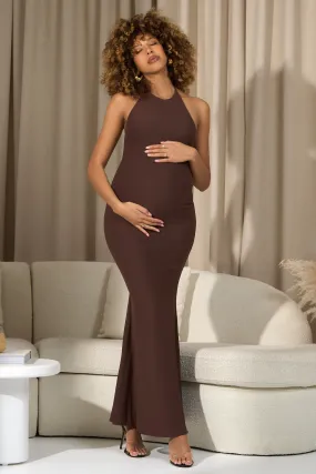 Perrie | Chocolate Brown Halter-Neck Maternity Maxi Dress