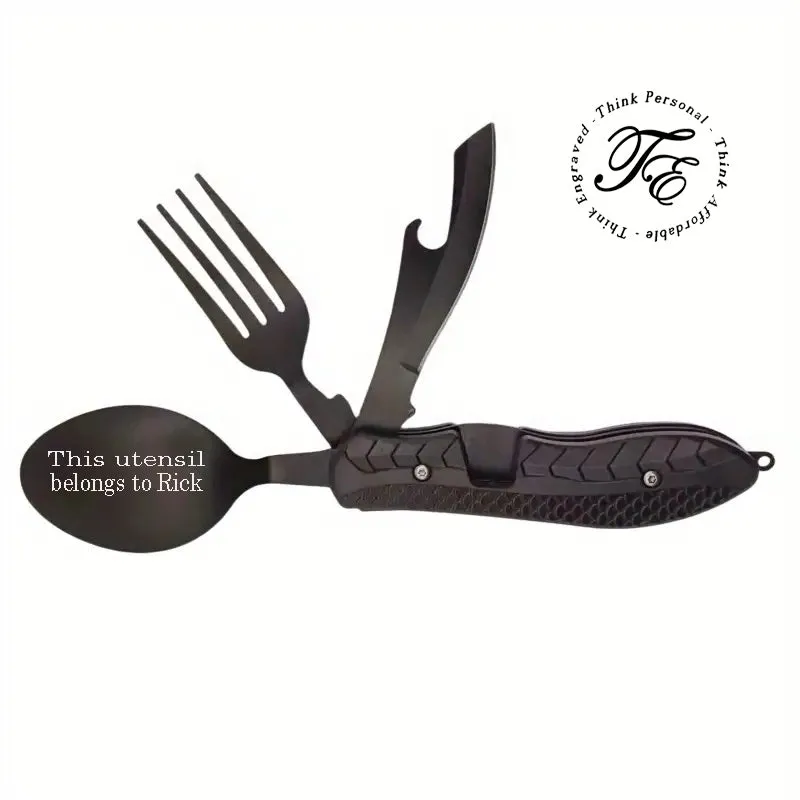 Personalized Camping or Picnic Fork, Spoon, and Knife Folding Utensil Multi-Tool Black