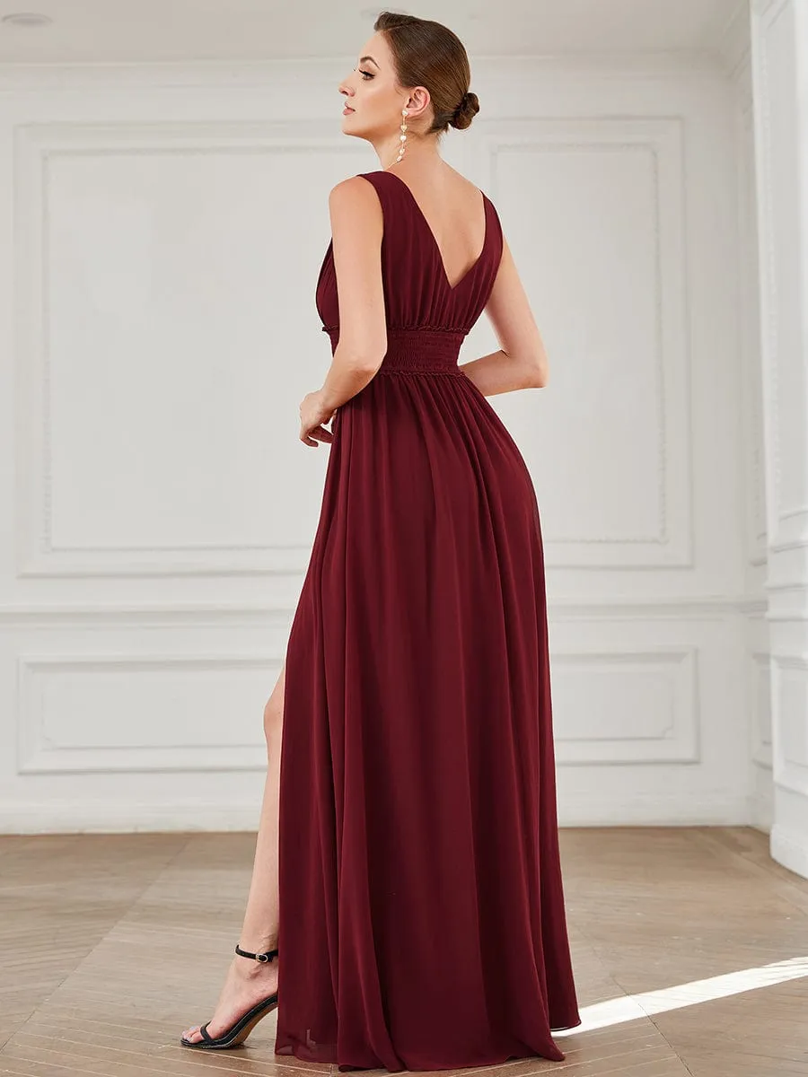 Pleated Chiffon V-Neck Sleeveless Front Slit Bridesmaid Dress