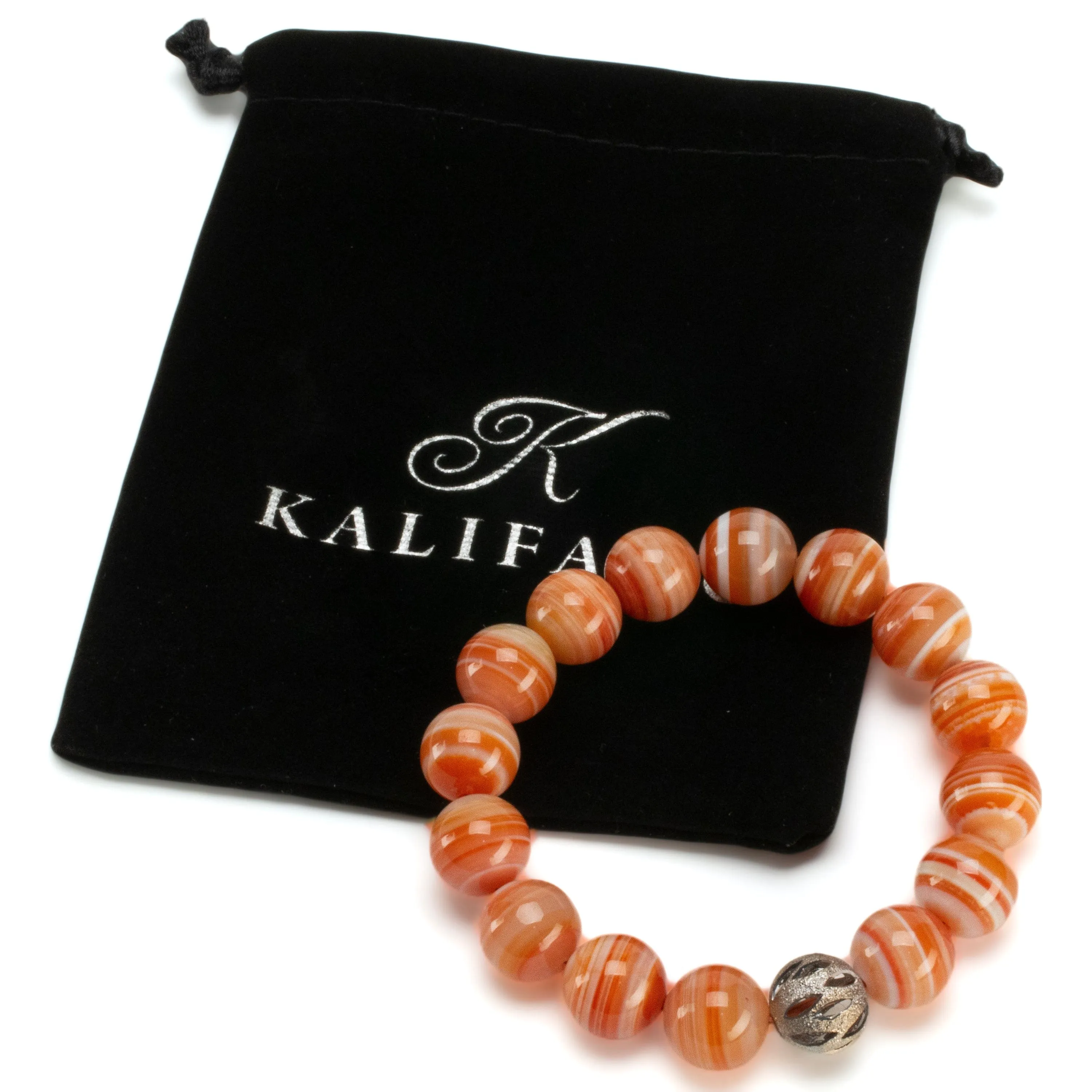 Polished Banded Carnelian 12mm Gemstone Bead Elastic Bracelet with Silver Accent Bead