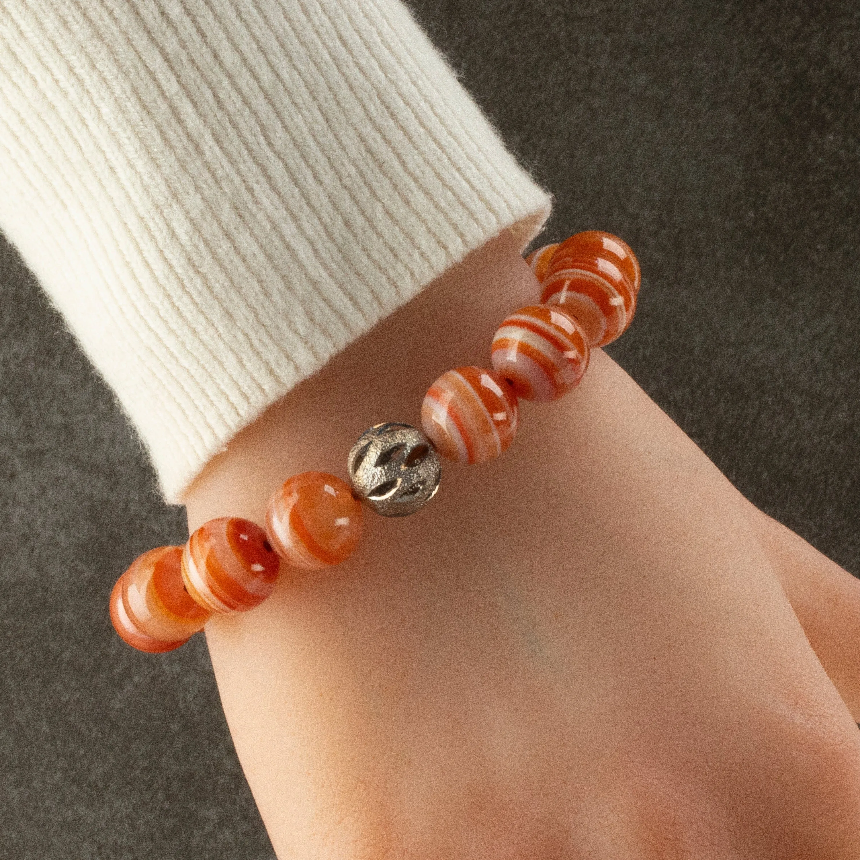 Polished Banded Carnelian 12mm Gemstone Bead Elastic Bracelet with Silver Accent Bead