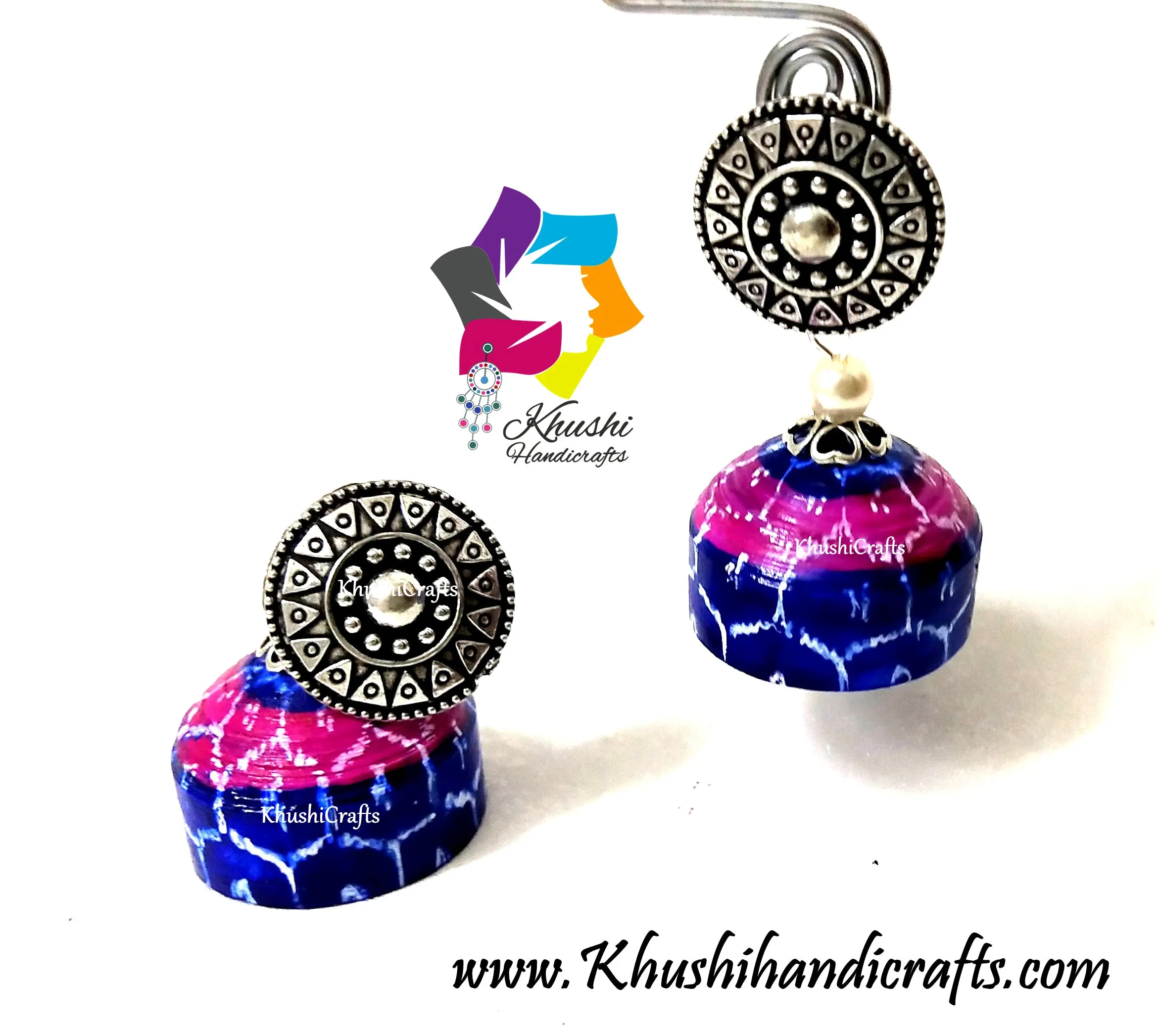 Quilling Jhumkas, Beautiful Paper Stud Earrings with Ikkat work-Indian Art