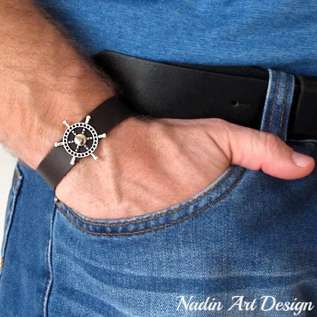 Ship Wheel Leather Bracelet for Men