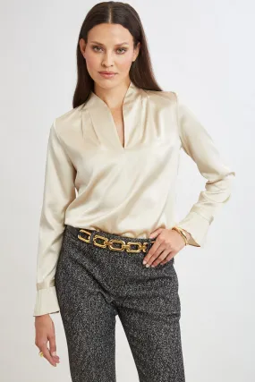 Silk Satin Contour Neck Ruffle Cuff Shirt