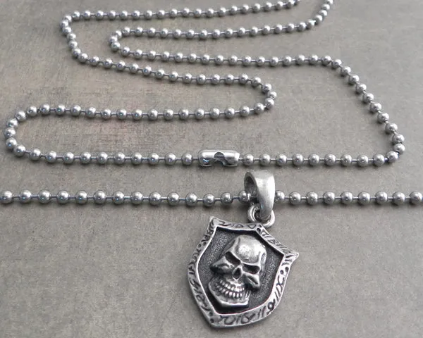 Skull Shield on Stainless Steel 30" Shot Bead Ball Chain