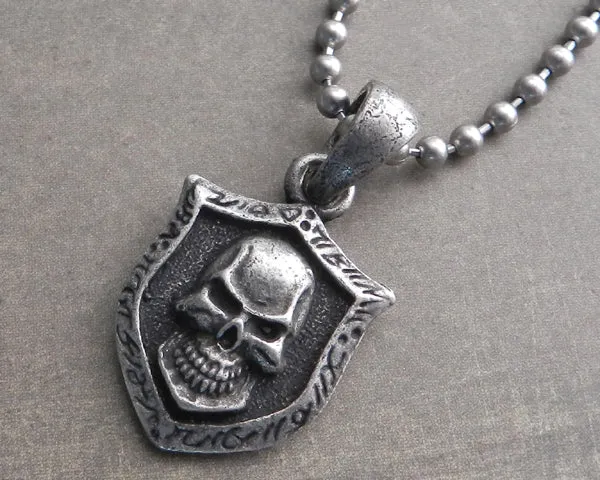 Skull Shield on Stainless Steel 30" Shot Bead Ball Chain