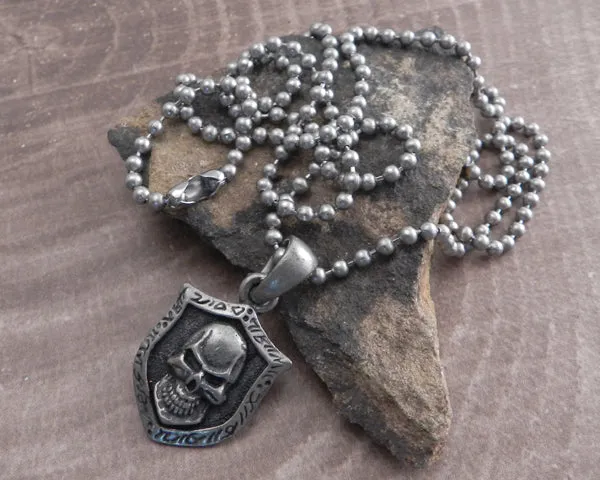 Skull Shield on Stainless Steel 30" Shot Bead Ball Chain