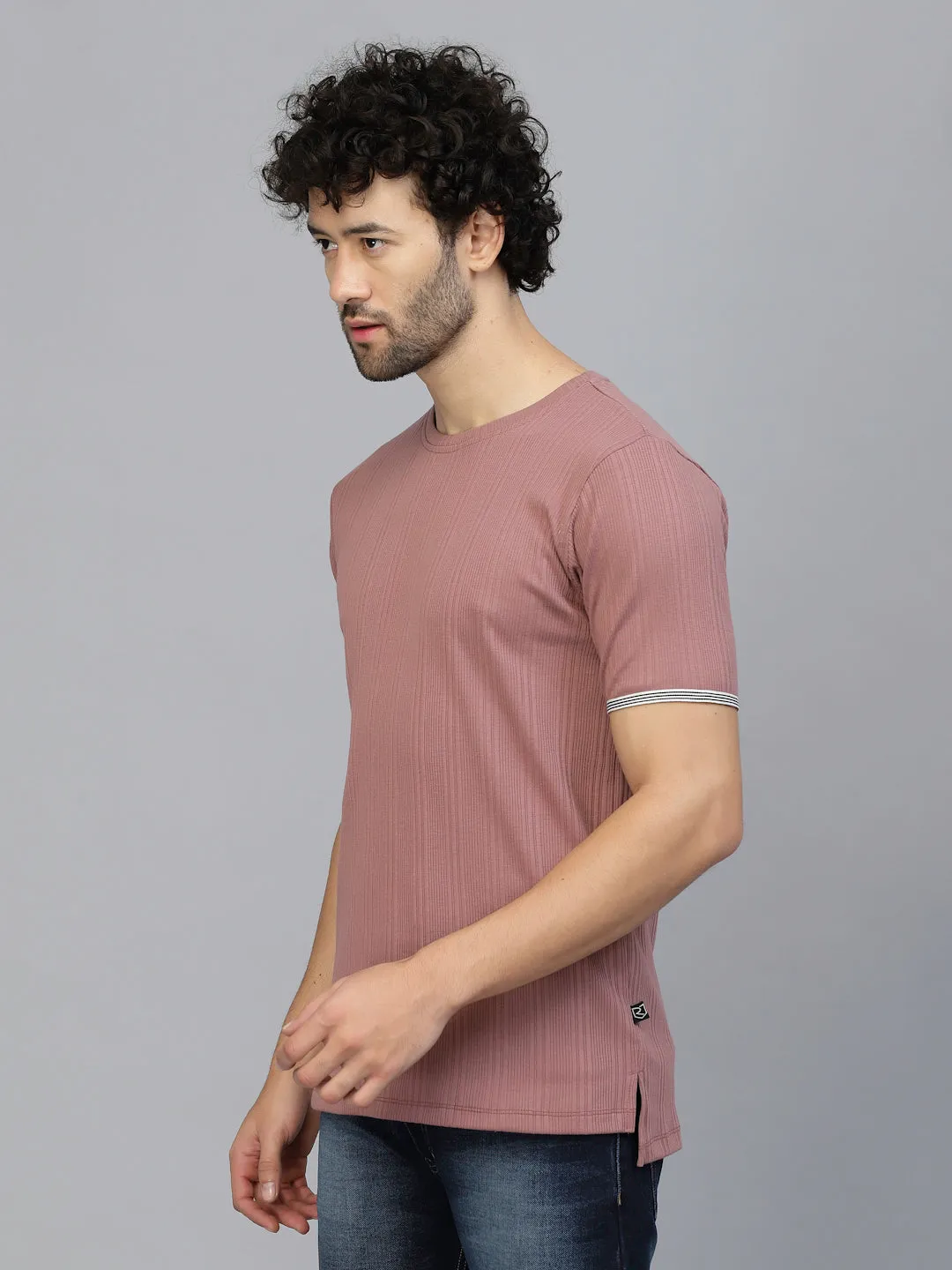 Solid Self Textured Half Sleeves Rib Knit T-Shirt