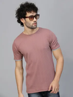 Solid Self Textured Half Sleeves Rib Knit T-Shirt