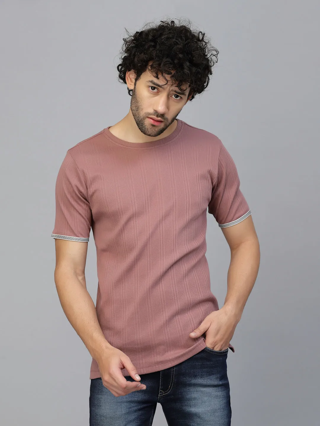 Solid Self Textured Half Sleeves Rib Knit T-Shirt