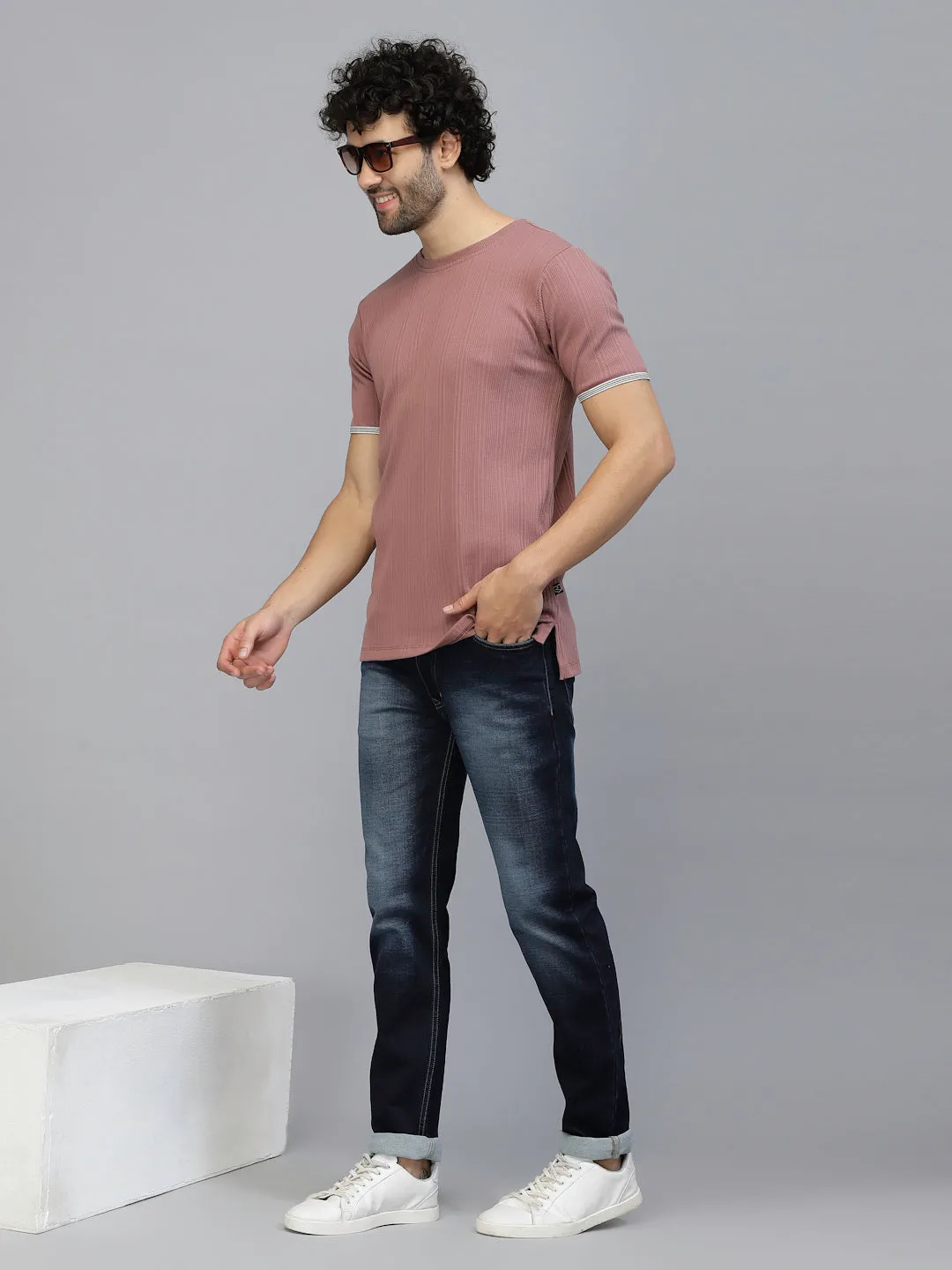 Solid Self Textured Half Sleeves Rib Knit T-Shirt