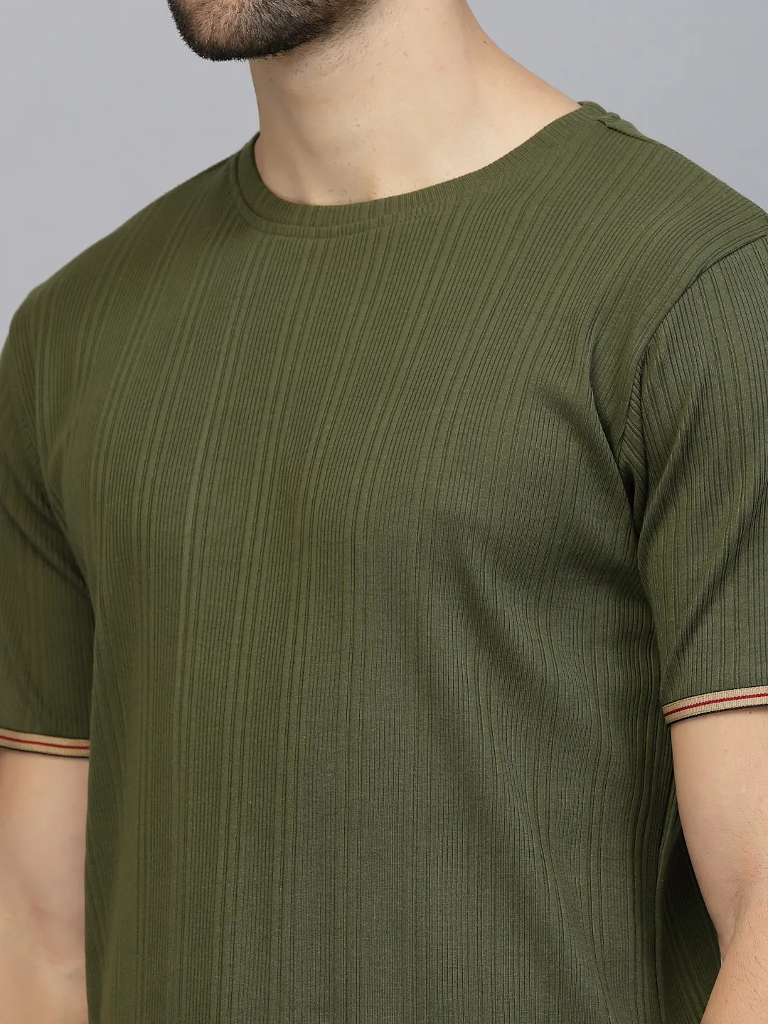 Solid Self Textured Half Sleeves Rib Knit T-Shirt