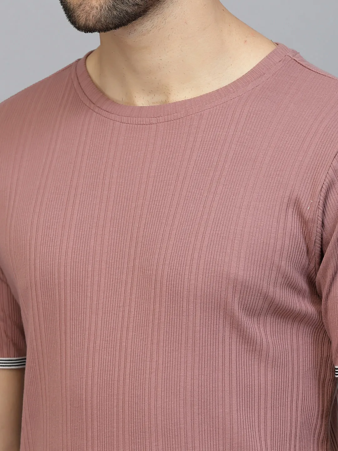 Solid Self Textured Half Sleeves Rib Knit T-Shirt