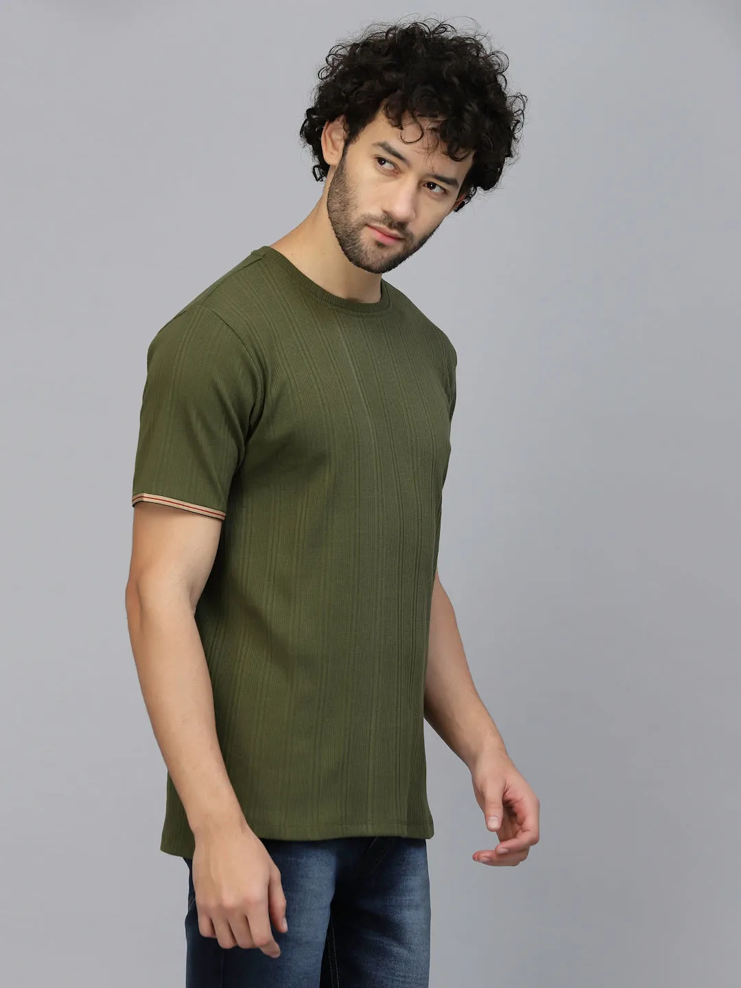 Solid Self Textured Half Sleeves Rib Knit T-Shirt