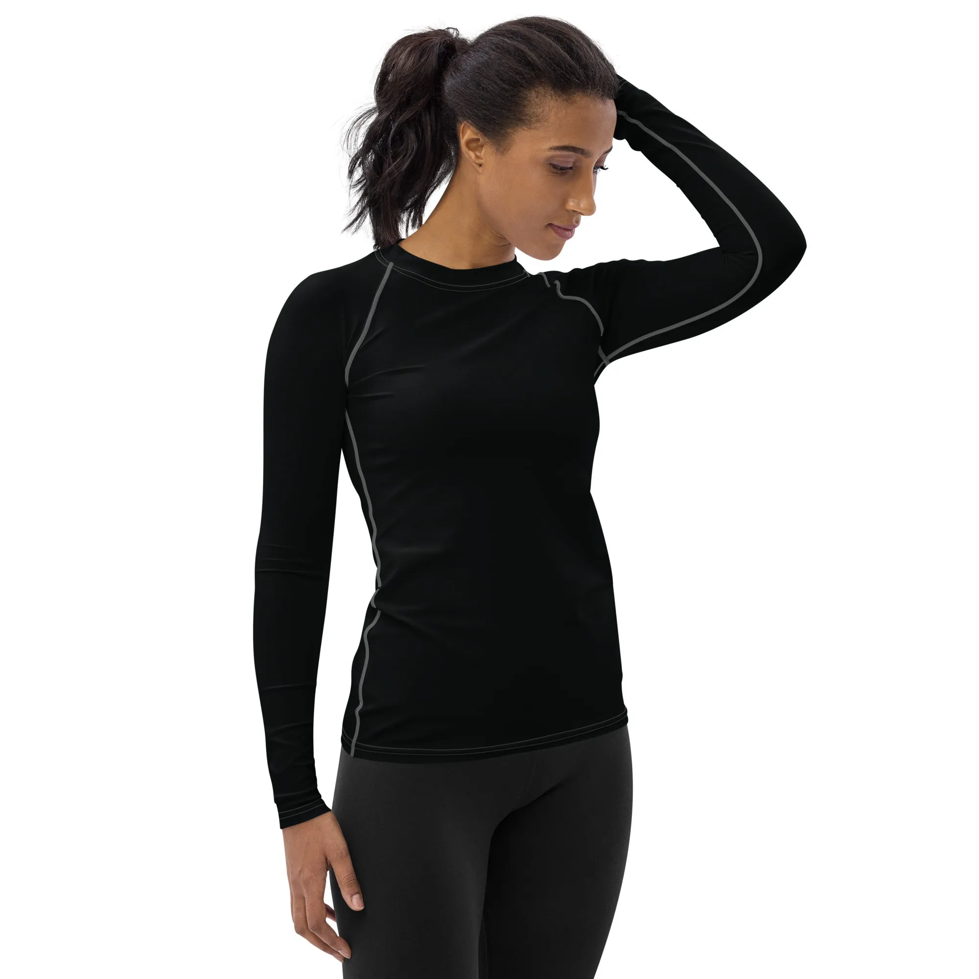 Sun-Kissed Style: Women's Solid Color Long Sleeve Rash Guard - Noir