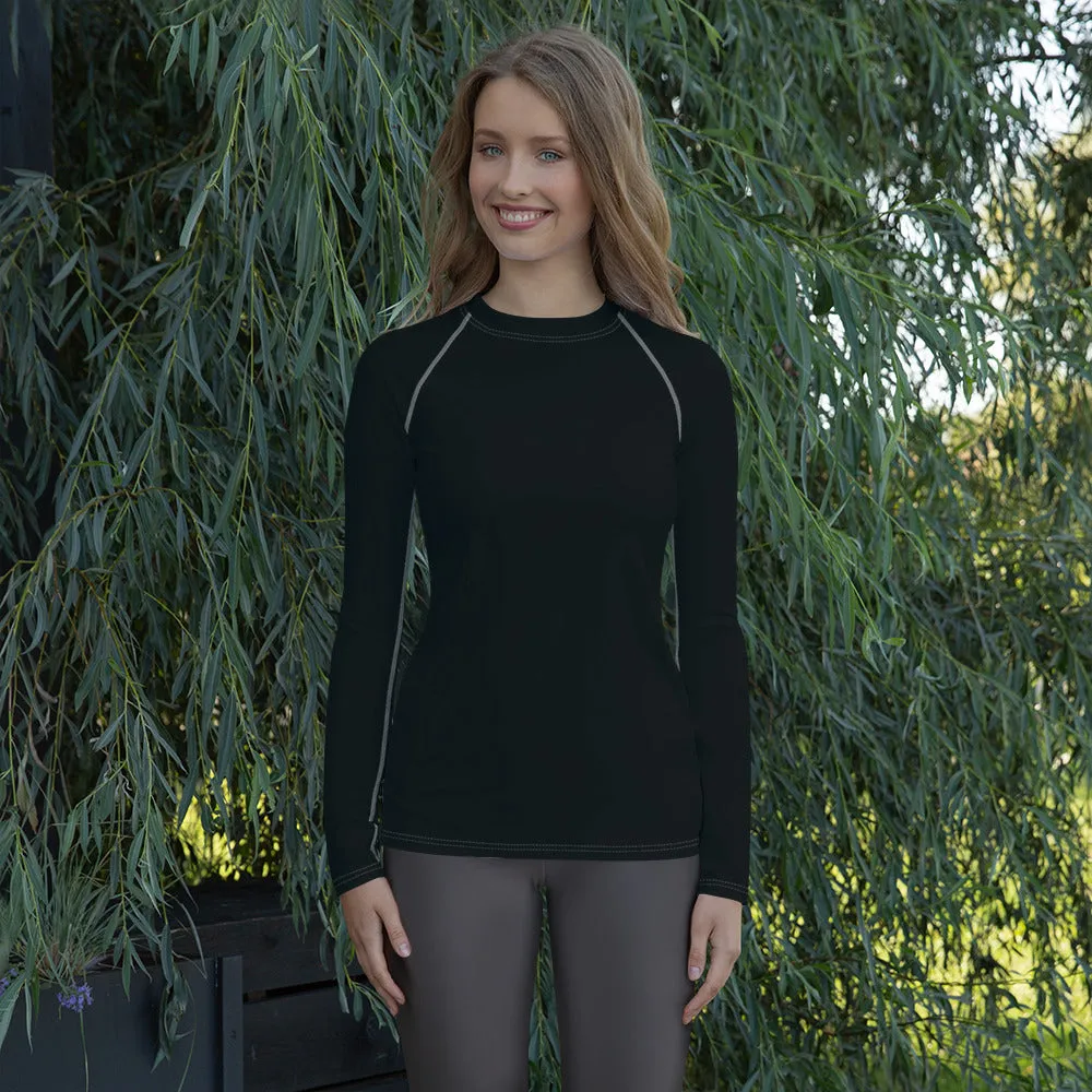 Sun-Kissed Style: Women's Solid Color Long Sleeve Rash Guard - Noir