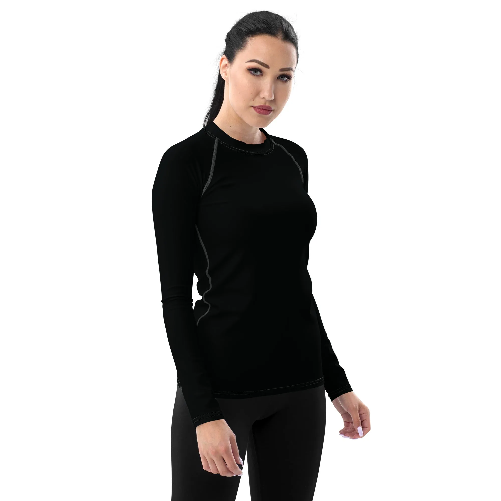 Sun-Kissed Style: Women's Solid Color Long Sleeve Rash Guard - Noir