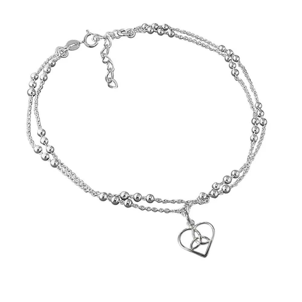 Trinity Heart Double Bead Chain Anklet, Adjustable