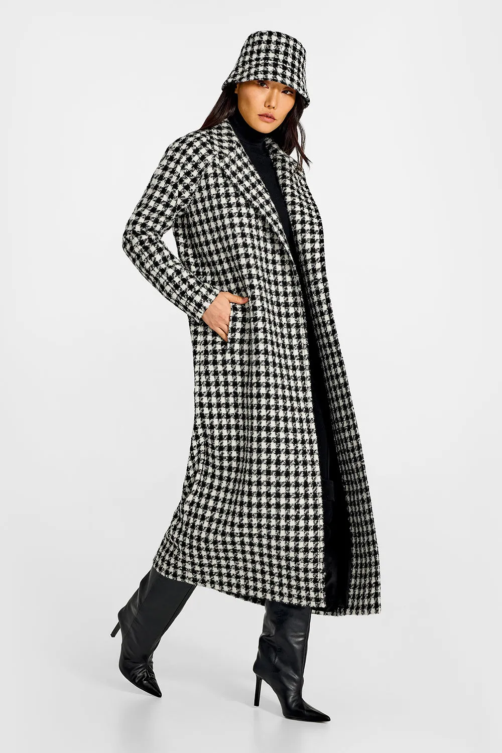 Tweed Houndstooth Suri Alpaca Maxi Raglan Sleeve Coat