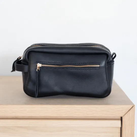 Unisex Genuine Leather Toiletry Bag - Black