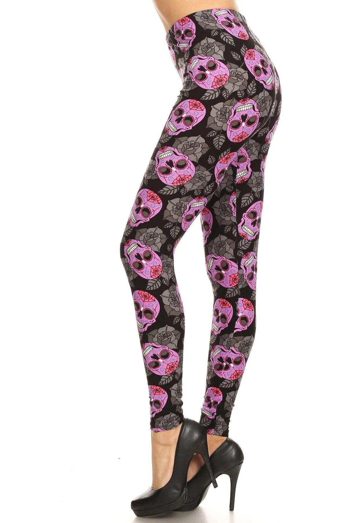 Women's 3X 5X Purple Sugar Skull Floral Pattern Print Leggings