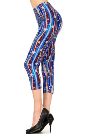 Women's Plus Flying Star 4th of July Printed Cropped Capri Leggings