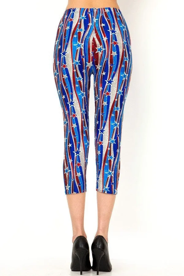 Women's Plus Flying Star 4th of July Printed Cropped Capri Leggings