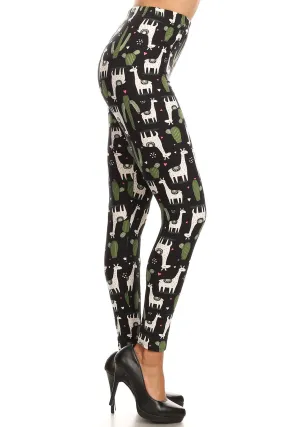 Women's Plus White Giraffe Green Cactus Pattern Printed Leggings