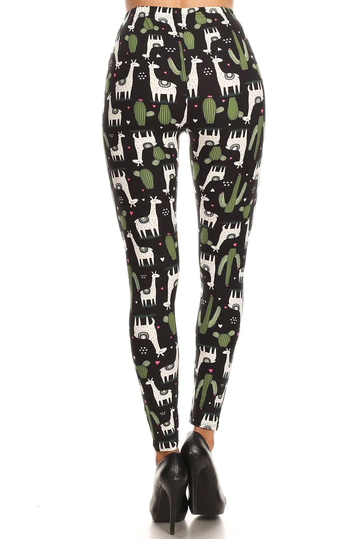 Women's Plus White Giraffe Green Cactus Pattern Printed Leggings